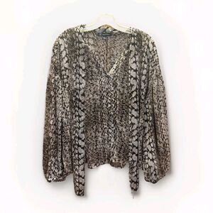 INC International Concepts Sheer Snake Print Blouse Scarf Tie Peasant Sleeves M